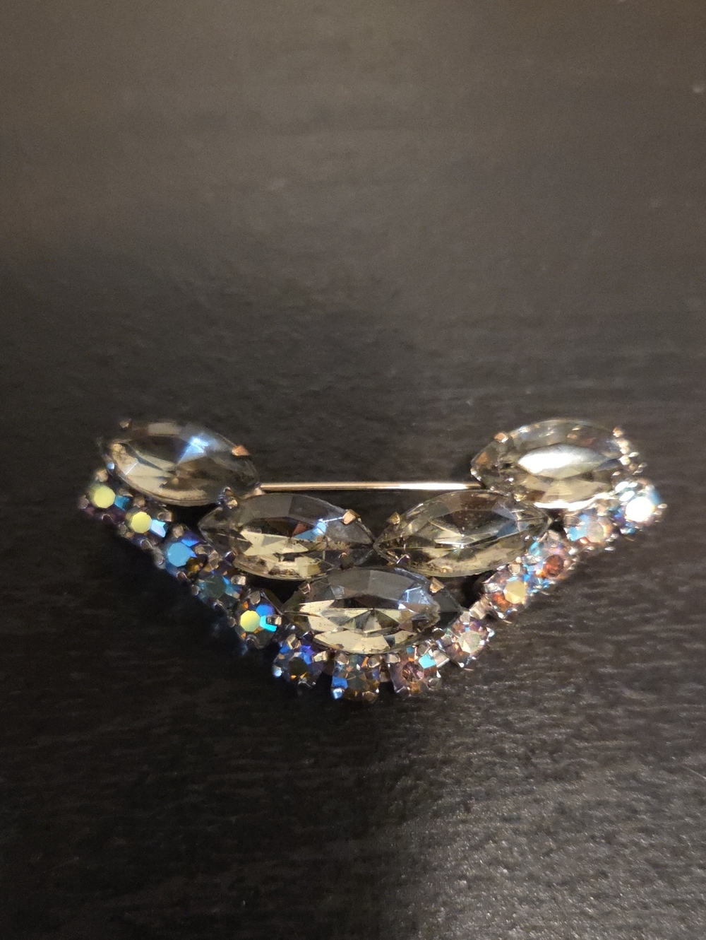 Crystal V-Shaped Brooch Pin in Smoky Grey and Aurora